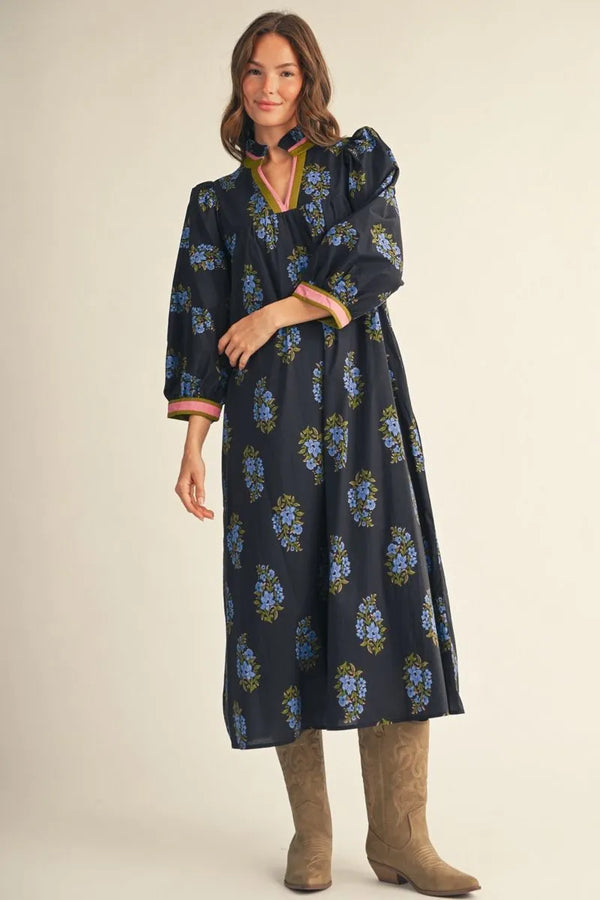 Puff Shoulder Black & Floral Midi Dress w Notched V Neck