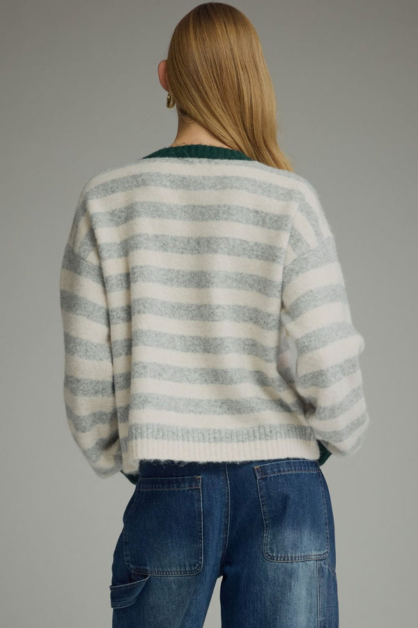 Grey Stripe Long Sleeve Sweater w Contrast Ribbed Trim Neck