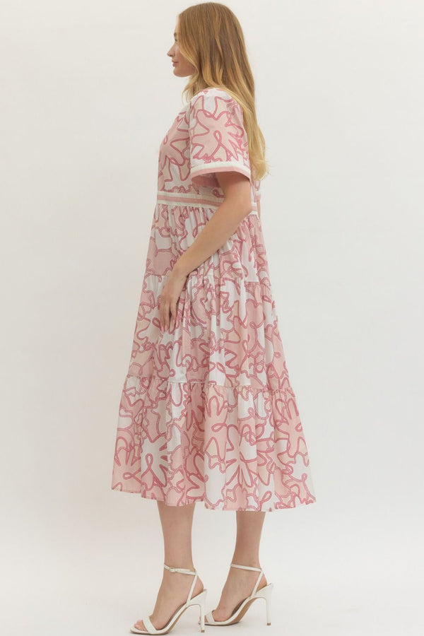 Pink Printed Short Sleeve Midi Dress w V-neck