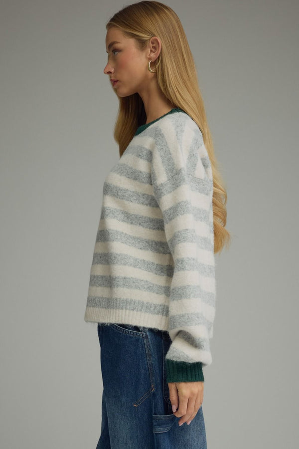 Grey Stripe Long Sleeve Sweater w Contrast Ribbed Trim Neck