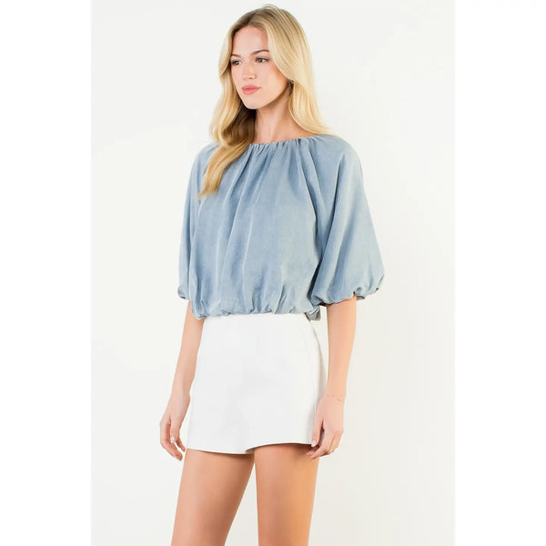 Denim Blue Short Sleeve Flowy Top