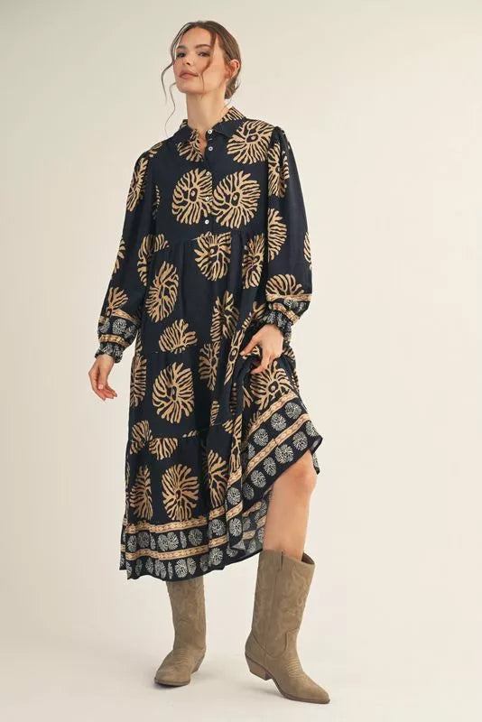 Black Tiered Boho Midi Dress