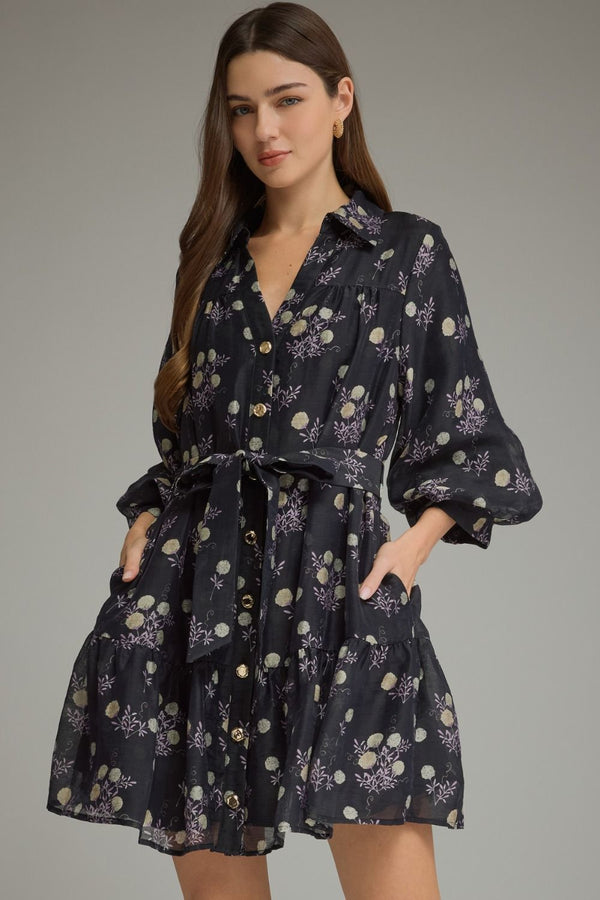 Lined Black & Purple Floral Print ¾ Balloon Sleeve Mini Dress