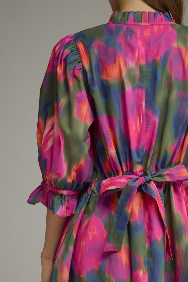 Magenta Printed Puff Sleeve Mini Dress w Ruffled Mock Neck