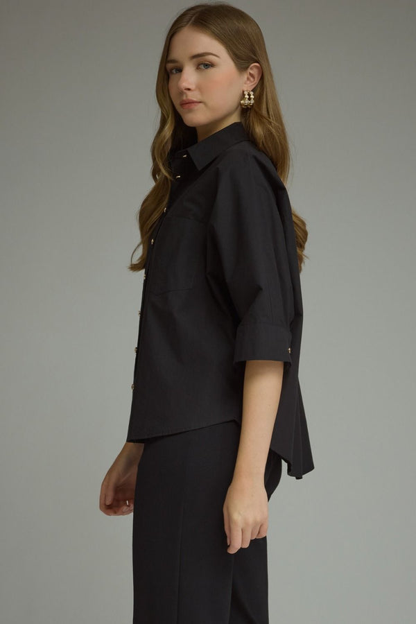 Black ¾ Sleeve Top w Button Closure