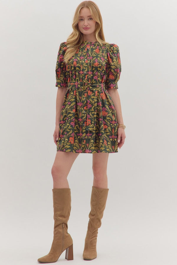 Olive Botanical Print Puff Sleeve Mini Dress w Buckle Belt