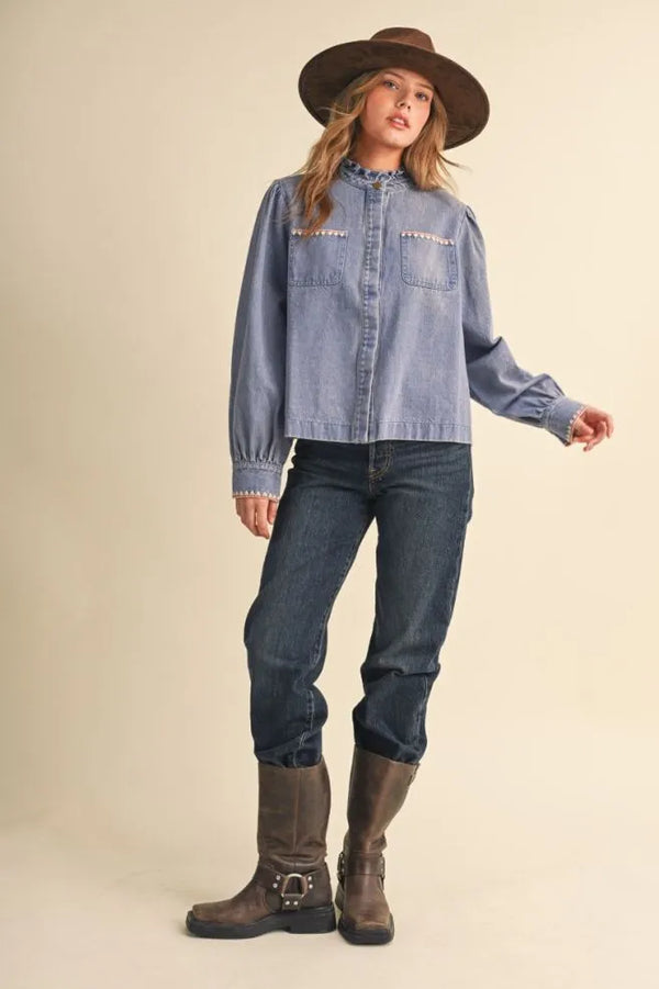 Denim Button Down Top w Ruffle Mock Neckline