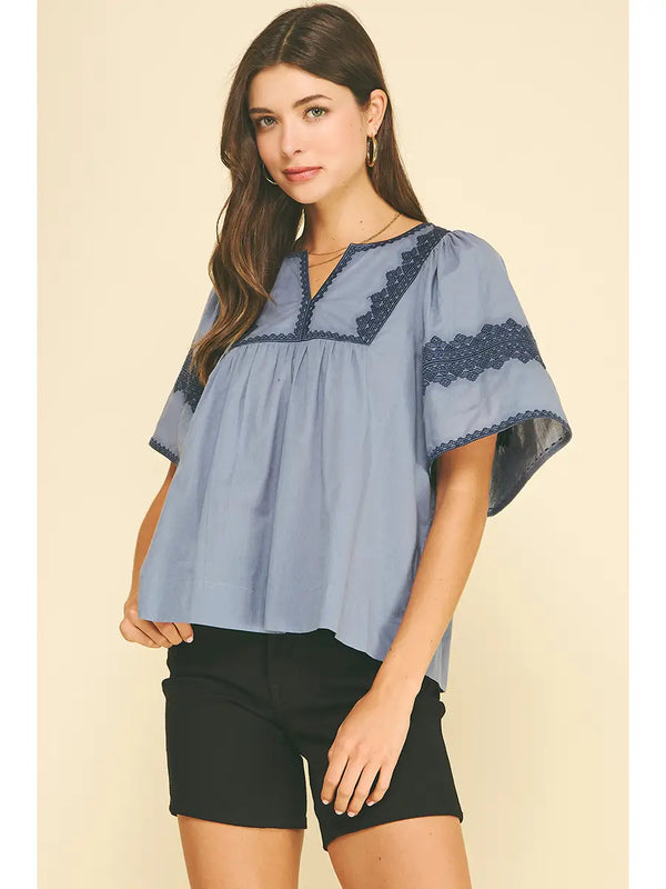 Boho Embroidred Blue Puff Sleeve Blouse