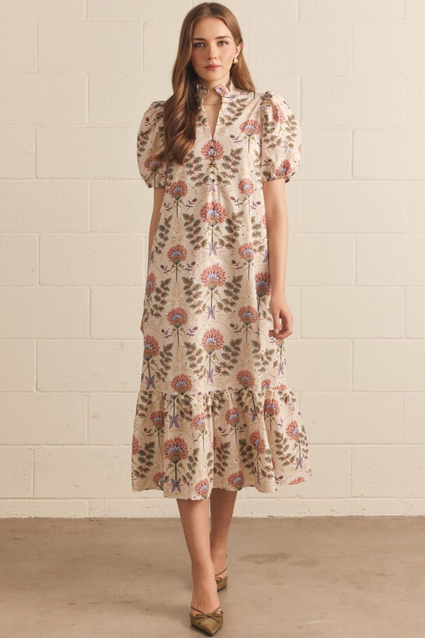 Eyelet Floral Print Puff Sleeve Midi Dress Featuring Ruffle Neck Detail
