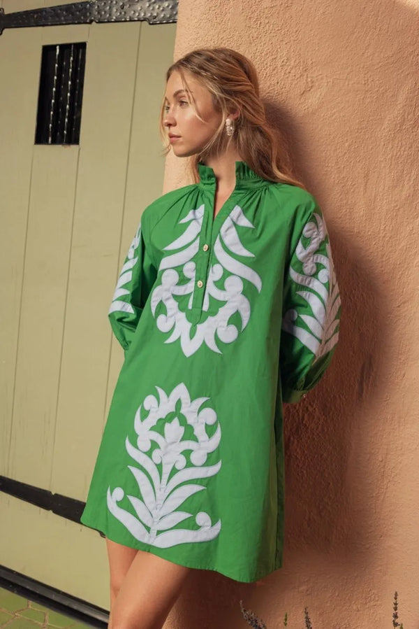 Kelly Green Baroque Floral Applique Shift Dress w Ruffled Neck
