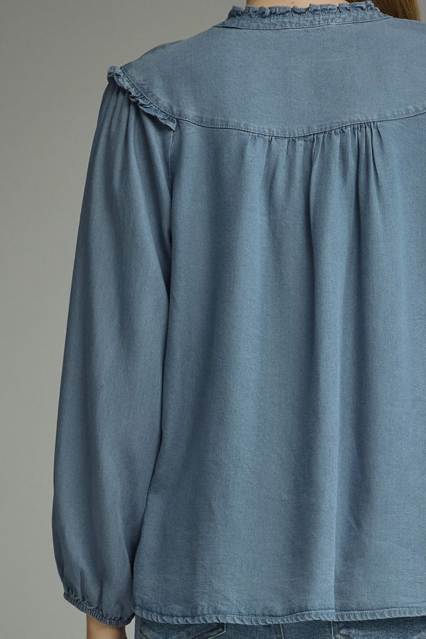 Long Sleeve Denim Top featuring Ruffled Trim