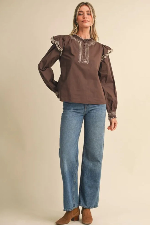 Cocoa Brown Embroidered Long Sleeve Top w Ruffle Mock Neckline