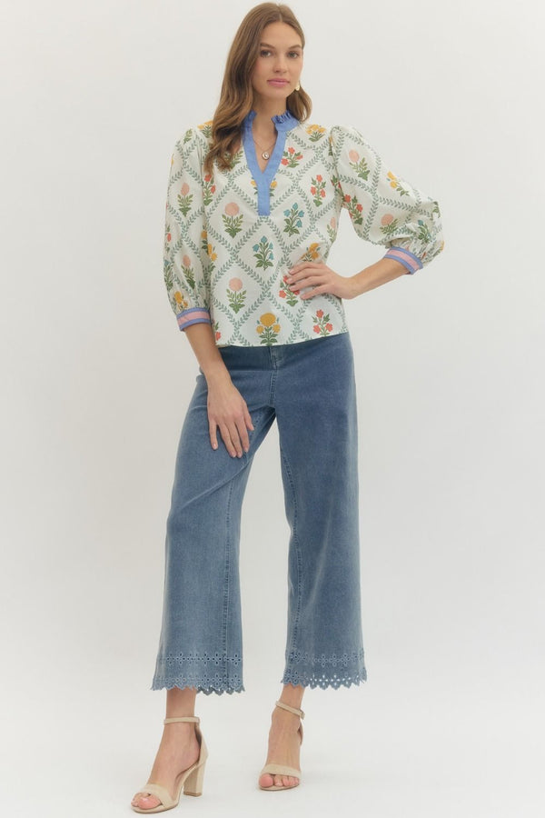 Floral Print 3/4 Puff Sleeve Top w Ruffled Trim