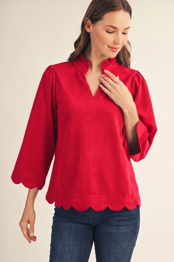 Faux Red Suede Top w 3/4 Sleeves & Scallop Edge