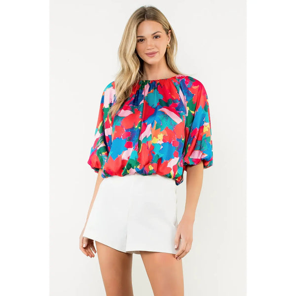 Balloon Sleeve Abstract Print Top