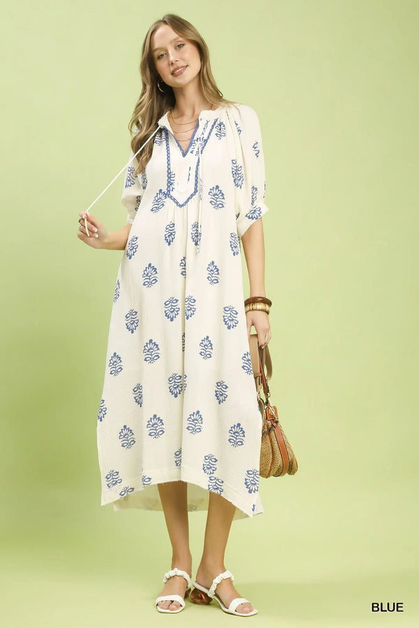 Blue Printed Cotton Gauze Midi Dress