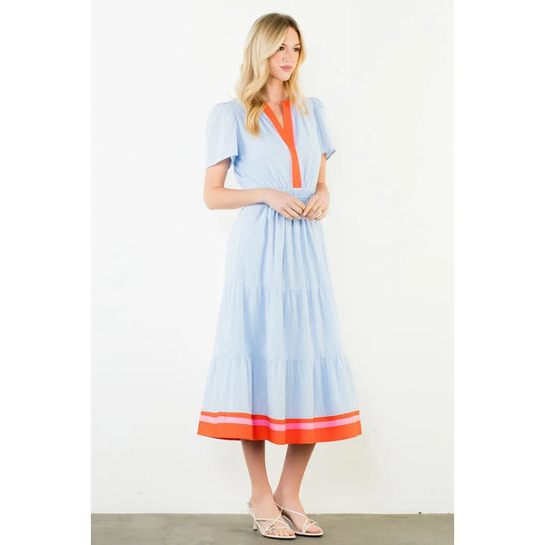 Short Sleeve Striped Textured Maxi Dress