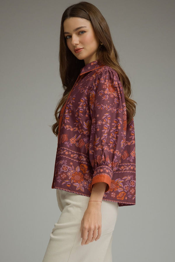 Wine Floral Print ¾ Sleeve Top w Contrast Trim