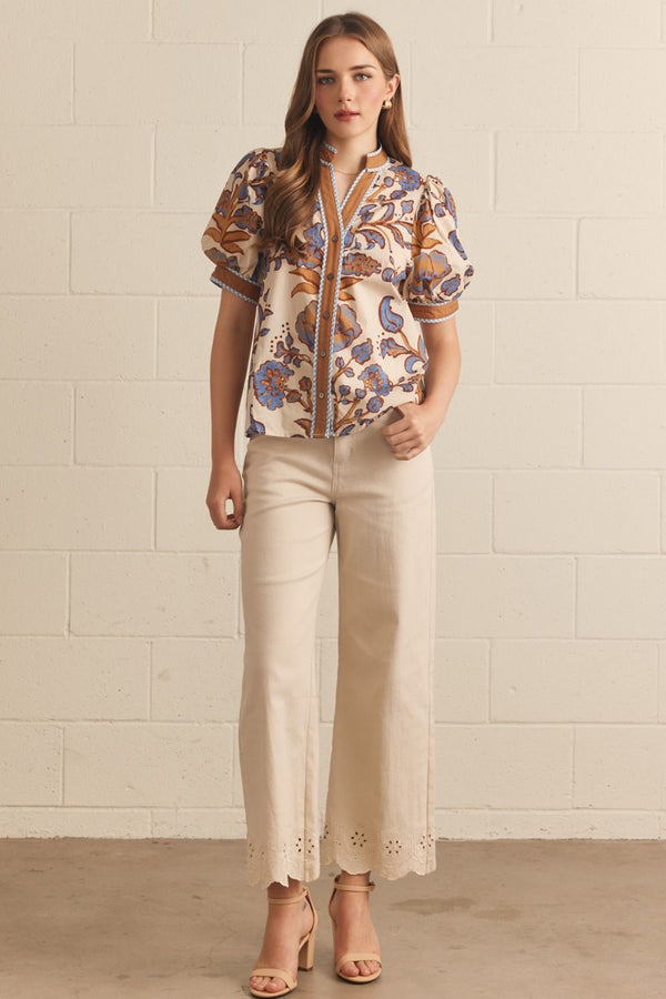 Ecru & Floral Print Puff Sleeve Top featuring Contrast Binding