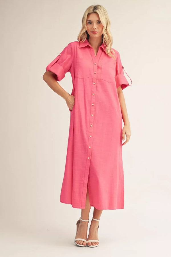 Roll Up Fuchsia Sleeves Button Down Dress