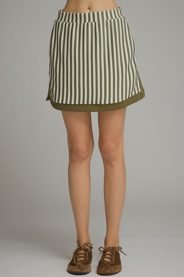 Olive Stripe Mini Skirt w Contrast Hem