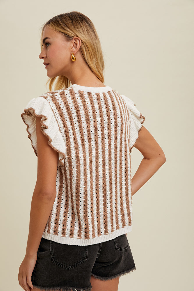 Taupe Crochet Stripes Ruffle Top