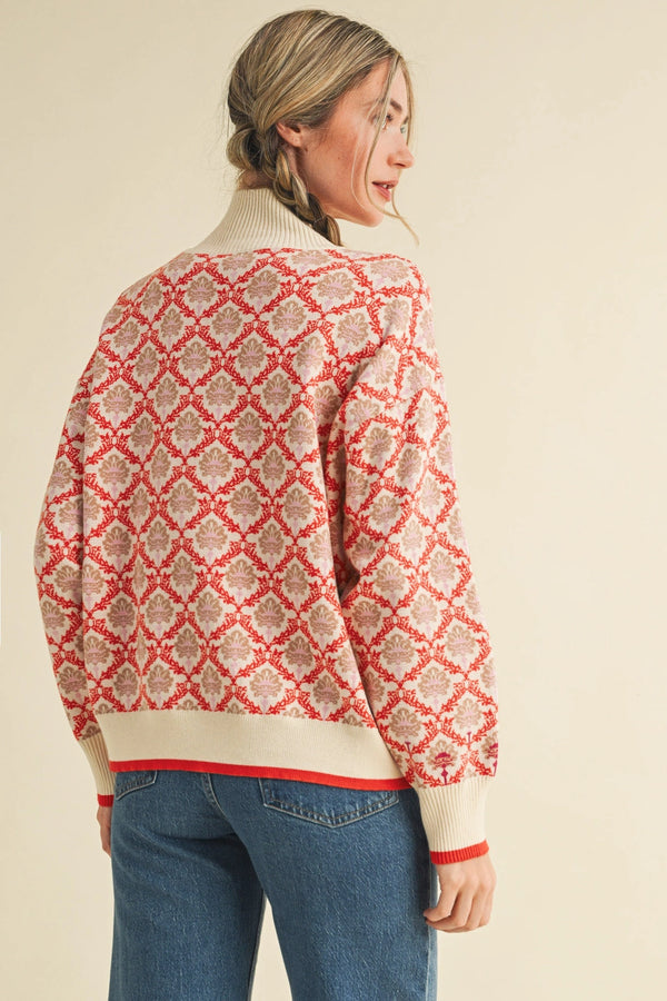 Floral Mock Neck Half Zip Pullover: Cream Orange