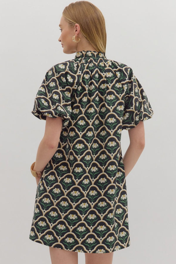 Botanical Print Short Puff Sleeve Mini Dress