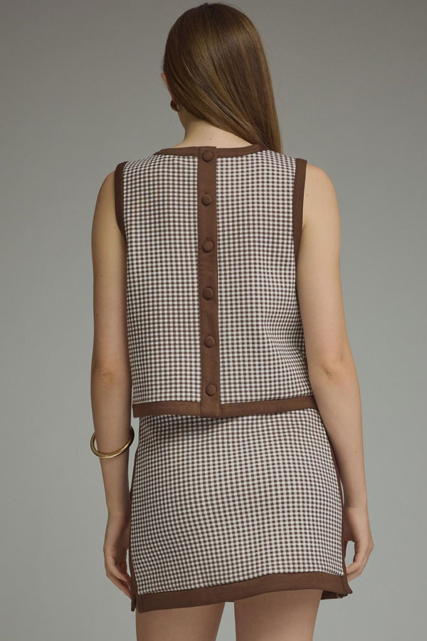 Brown Gingham Sleeveless Top Featuring Contrast Binding Detail