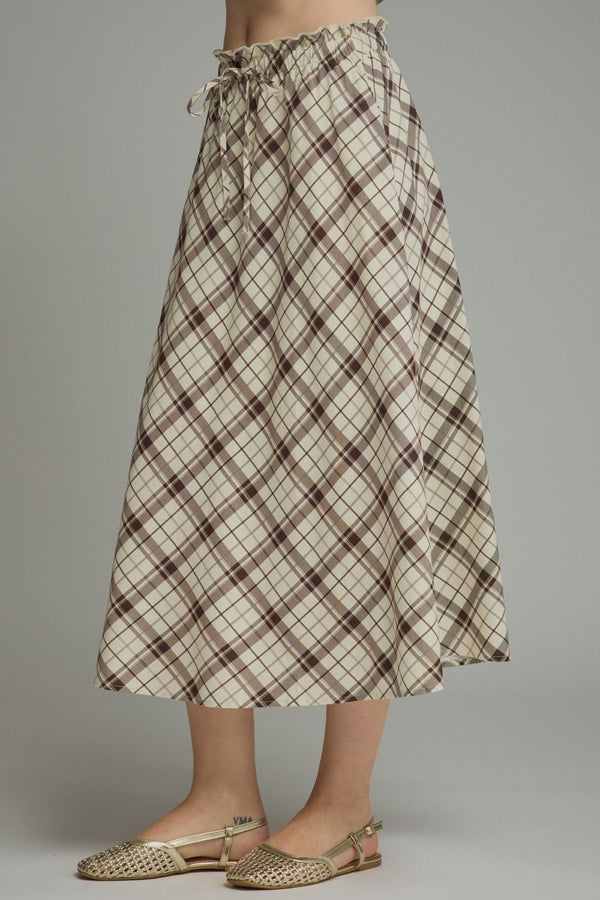 Mocha Plaid Midi Skirt w An Elasticated Waist