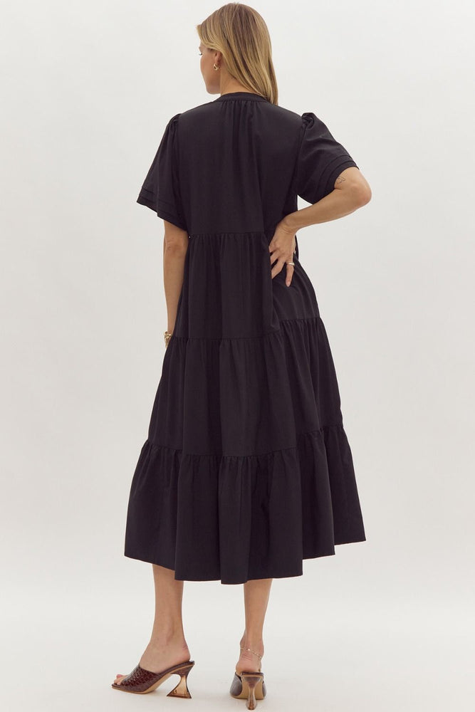 Black Short Sleeve Tiered Midid Dress