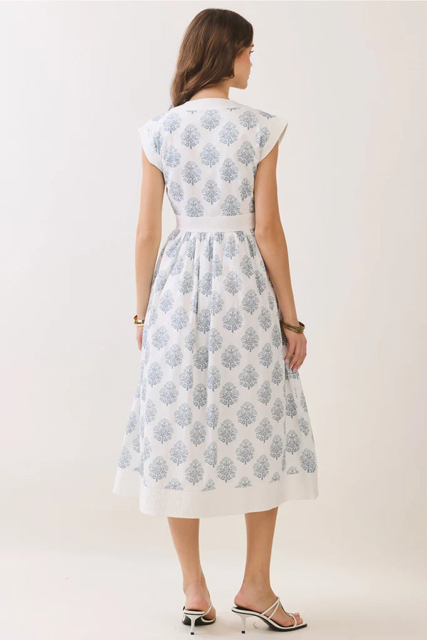 Blue Floral Print Front Zipper Midi Dress