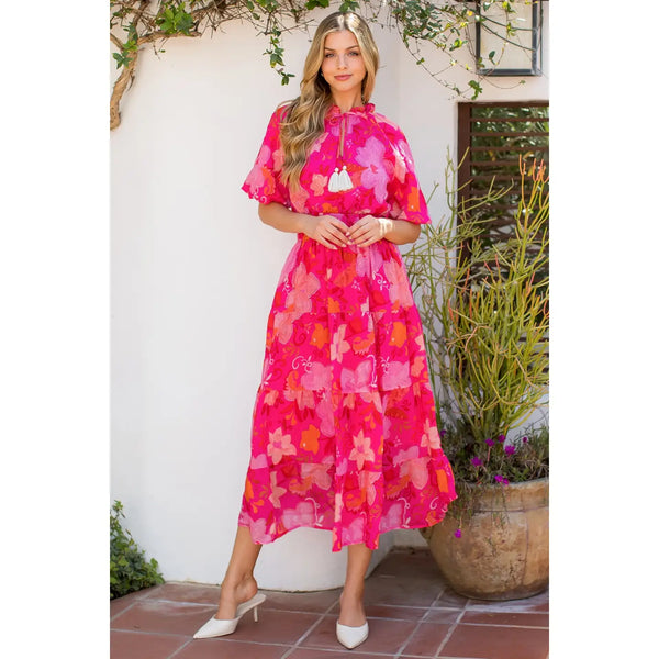 Floral Puff Sleeve Tiered Maxi Dress Pink