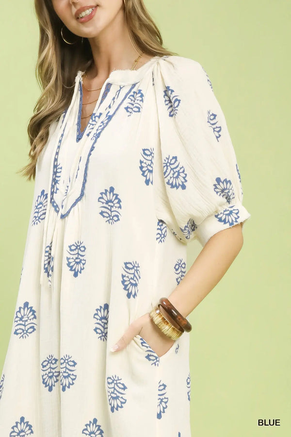 Blue Printed Cotton Gauze Midi Dress