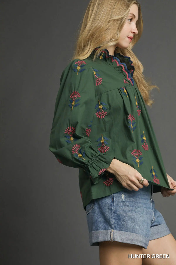 Hunter Green Embroidered Floral Ruffle Neck Blouse