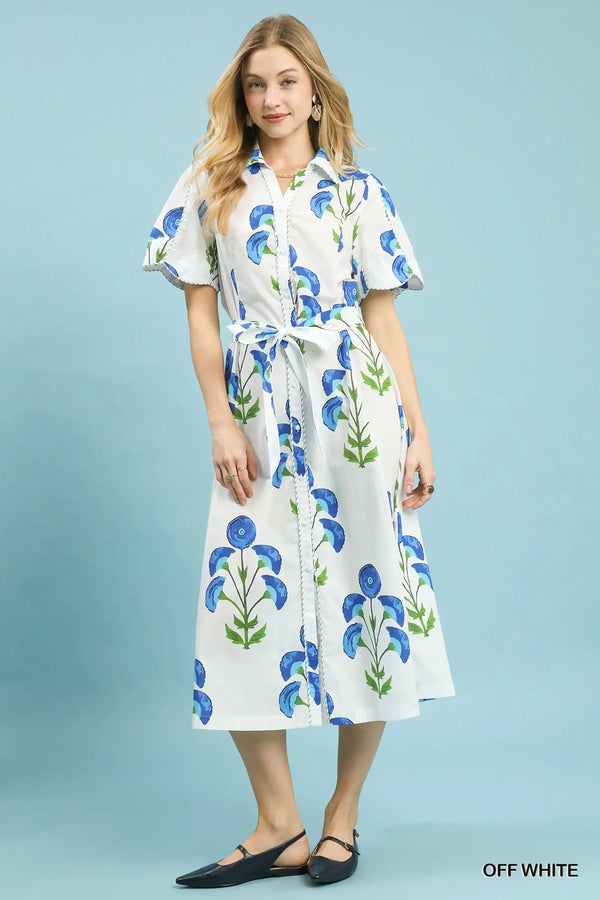 Off White Floral Belted Midi Dress