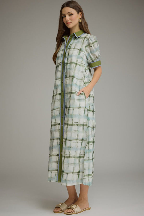 Olive Plaid Short Puff Sleeve Midi Dress