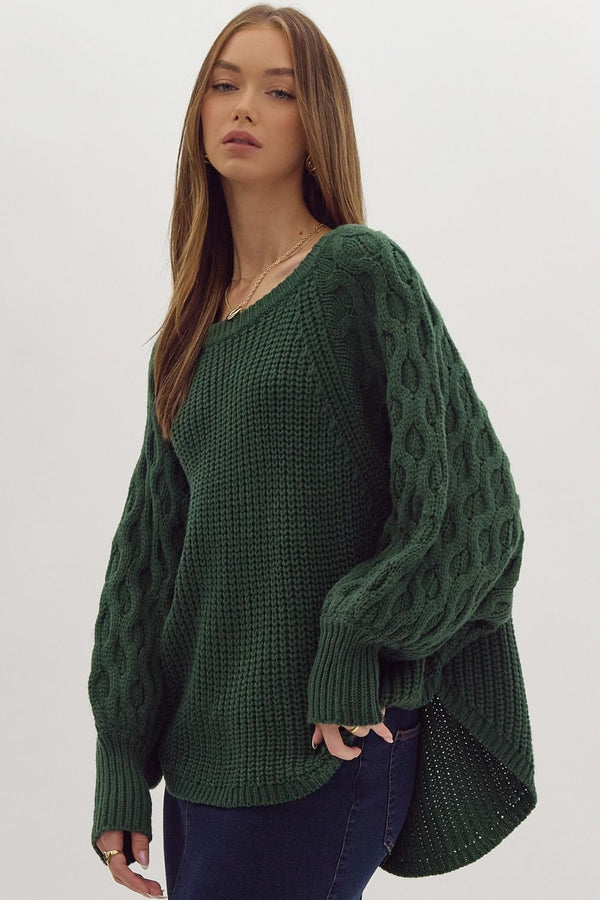 Green Knitted Round Neck Sweater w Cable Knit Sleeves