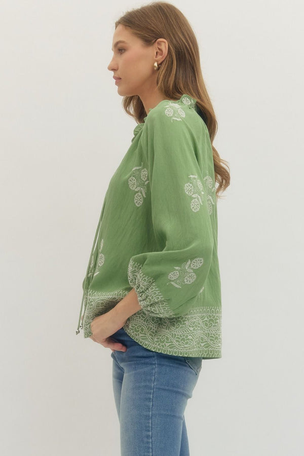 Sage Floral Print Raglan Puff Sleeve w Tie Detail & Ruffled Neck