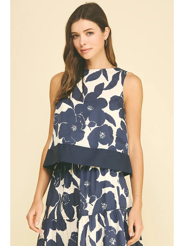 Floral Navy Sleeveless Crop Top