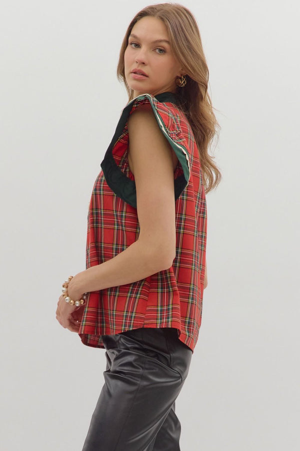 Plaid Scallop Trim Flutter Sleeve Top