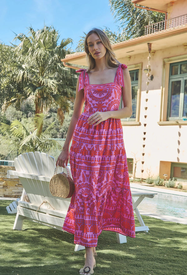 Tarie Tropical Emely Tiered Maxi Dress Pink & Orange