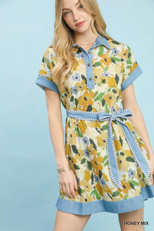Honey Mix Watercolor Floral Belted Shirt Dress