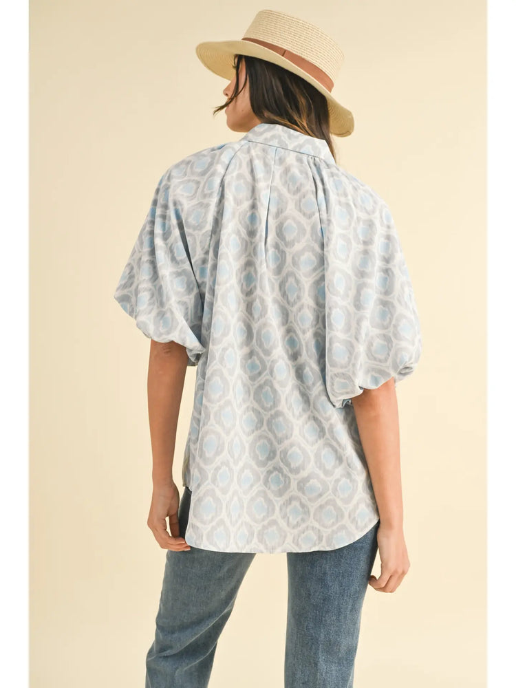 Geometric Printed Bubble Sleeve Button Down