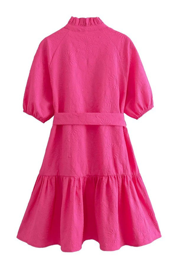 Hot Pink Textured Puff Sleeve Dress