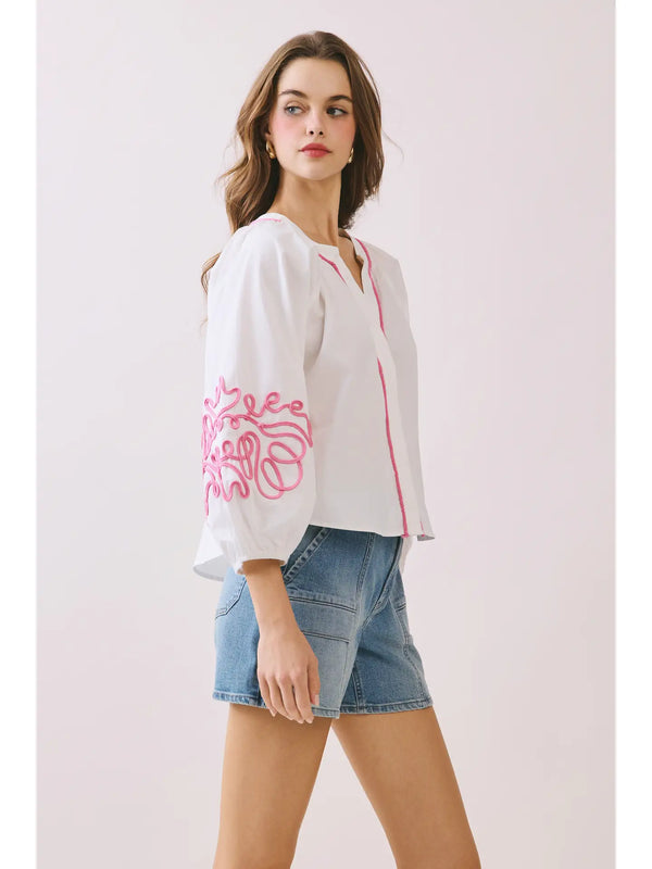 Bold Pink Embroidery Voluminous Puff Sleeves Blouse