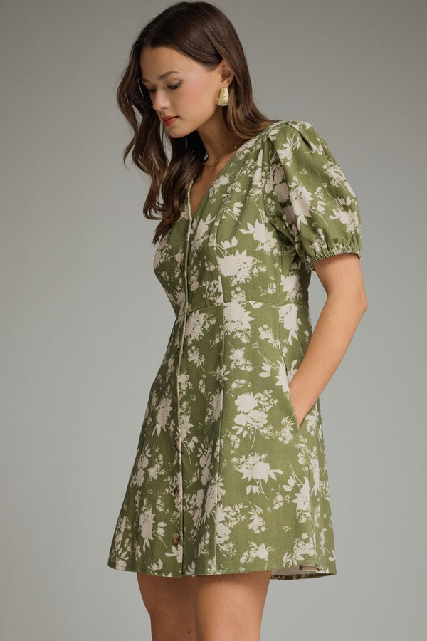 Olive Floral Puff Sleeve Mini Dress