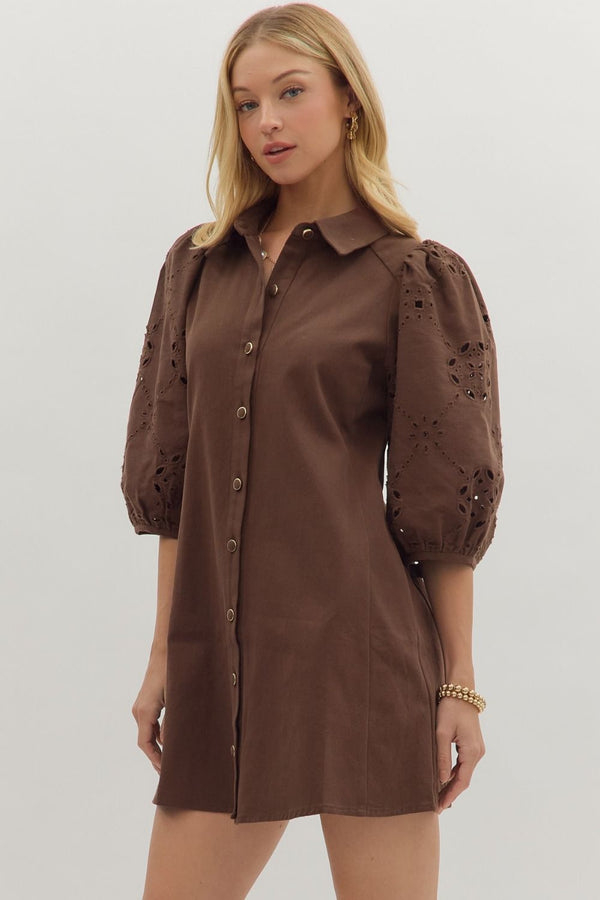 Brown Solid Eyelet Puff Sleeve Mini Dress