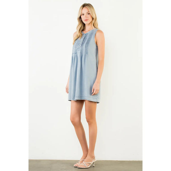 Sleeveless Blue Button Pintuck Denim Dress