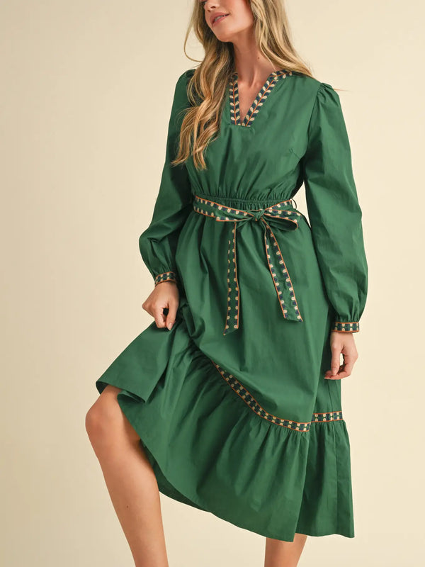 Hunter Green Embroidered Detail Midi Dress